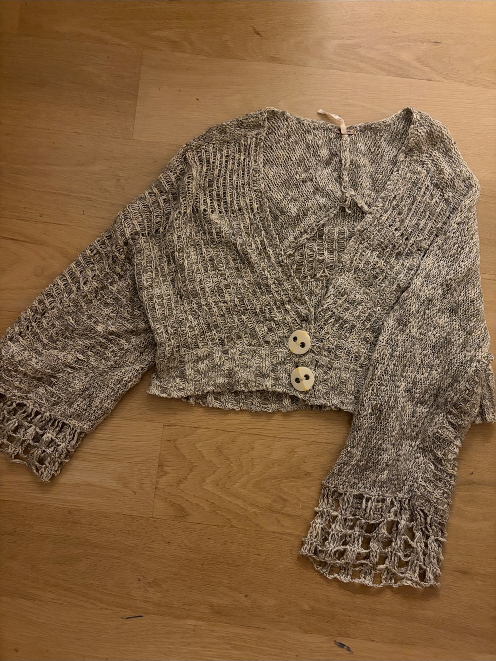 Free People Beige Marled Cropped V-Neck Button Sweater